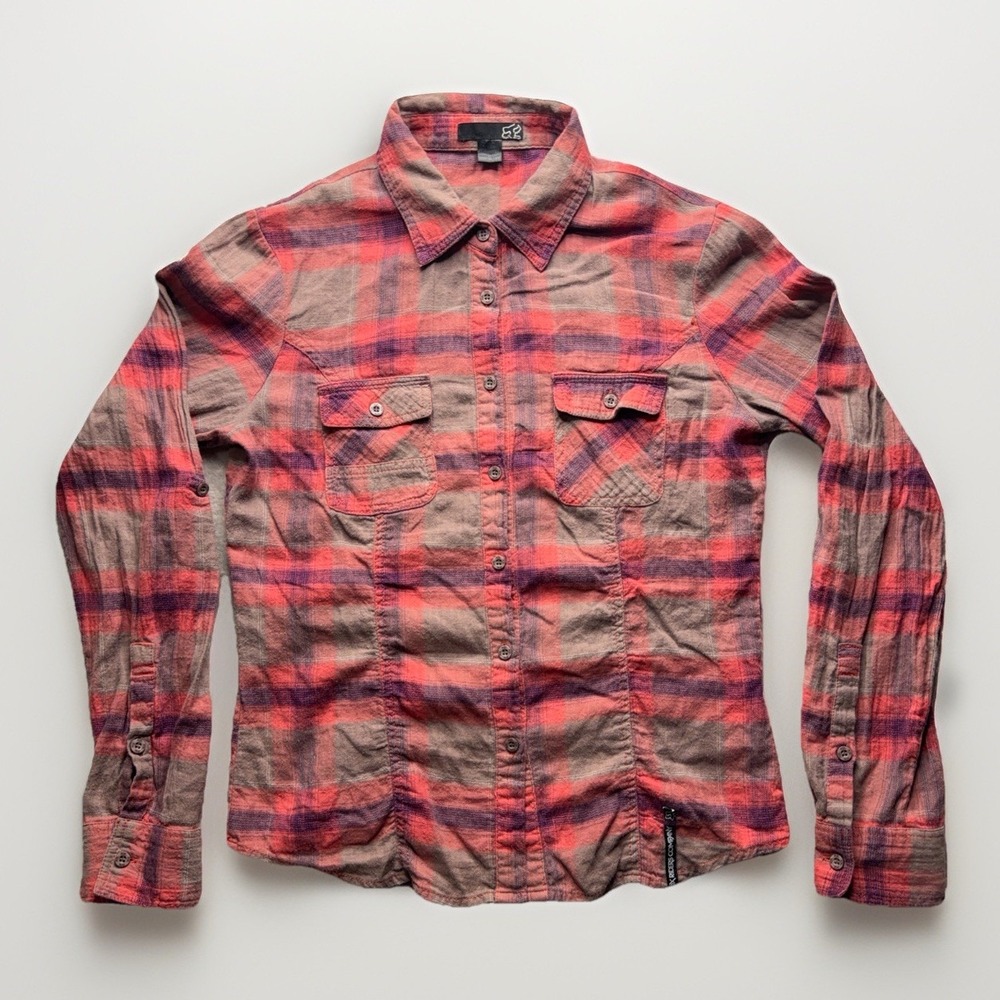 Fox Racing Womens Medium Plaid Button Up Long Sleeve Cotton Shirt Roll Tab